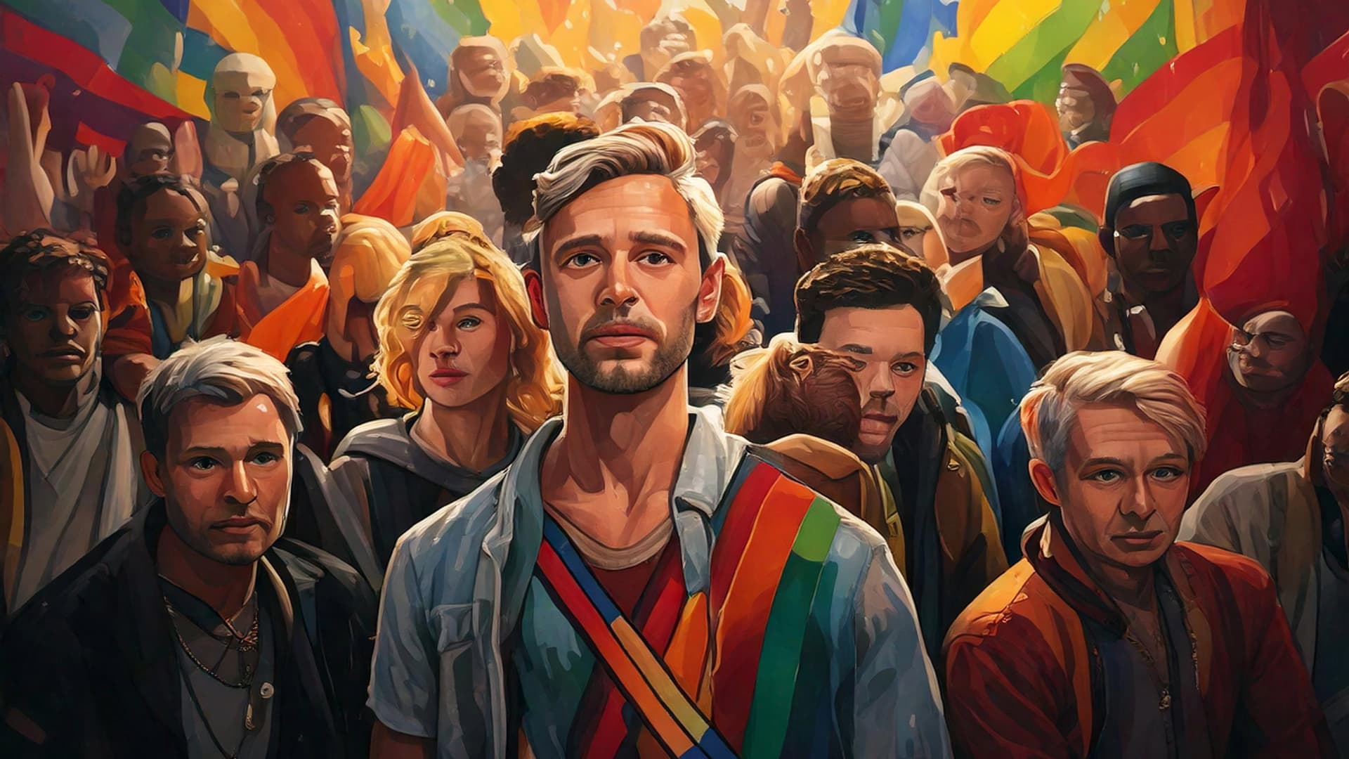 AI-generated image of diverse individuals looking towards the camera, holding or surrounded by LGBT flags, symbolizing inclusivity and diversity in art