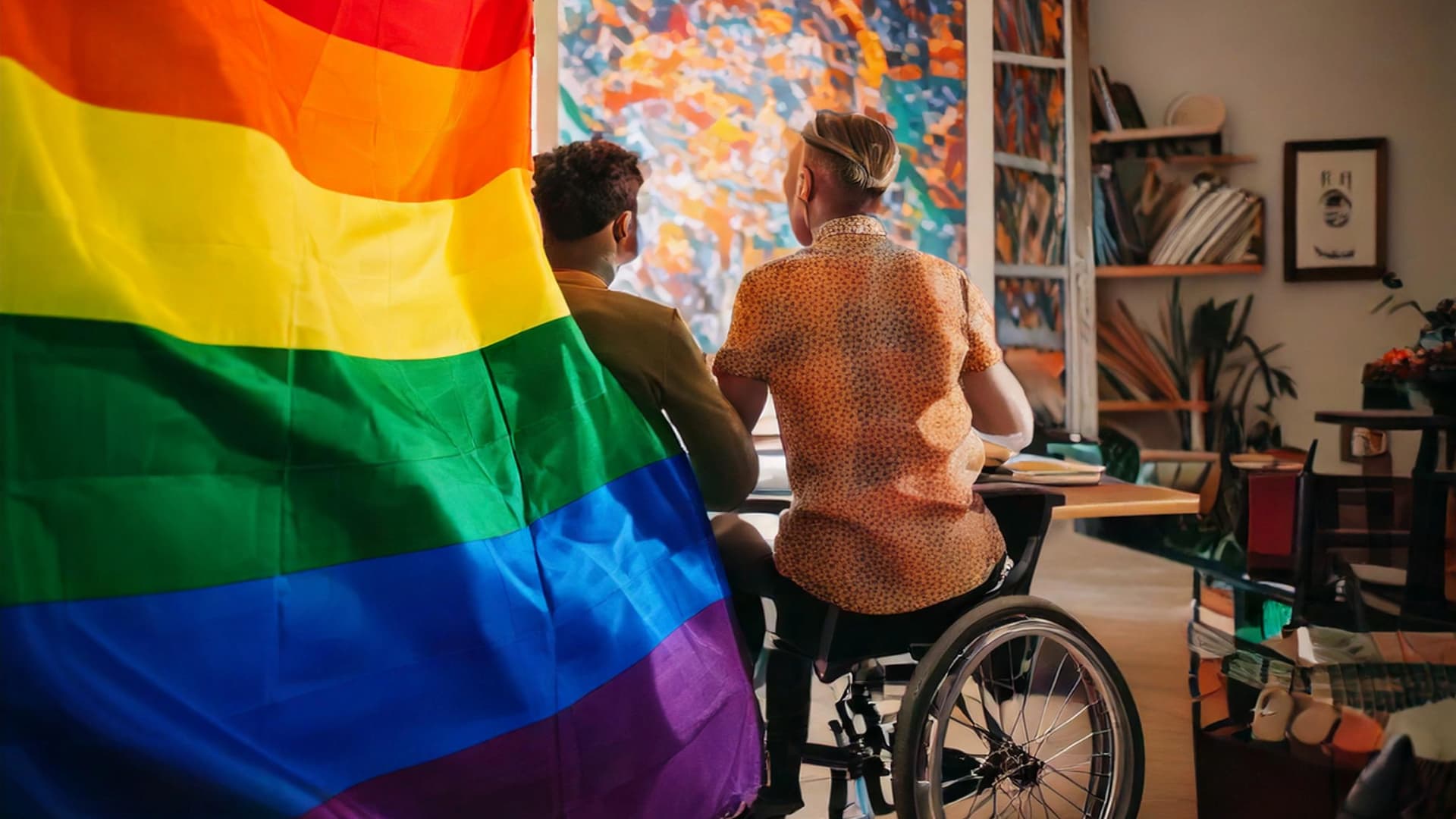 AI-generated image of a person in a wheelchair holding an LGBT flag, symbolizing inclusivity and empowerment for people with different abilities